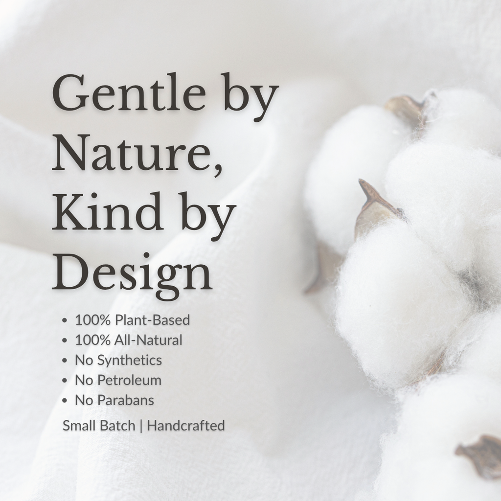 Promotional graphic with the text 'Gentle by Nature, Kind by Design' and bullet points about being 100% plant-based and all-natural, set against a soft white background with fluffy cotton bolls on the right.