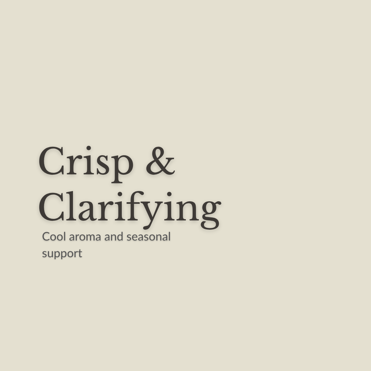 Minimal beige square graphic with dark gray serif text reading 'Crisp & Clarifying' and smaller text below, 'Cool aroma and seasonal support.'.