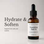Amber glass dropper bottle of The Crystal Garden Nourishing Nail Oil with a white label and black dropper cap, shown on a light gray background with the text 'Hydrate & Soften' and 'Supports dry nails and cuticles'.