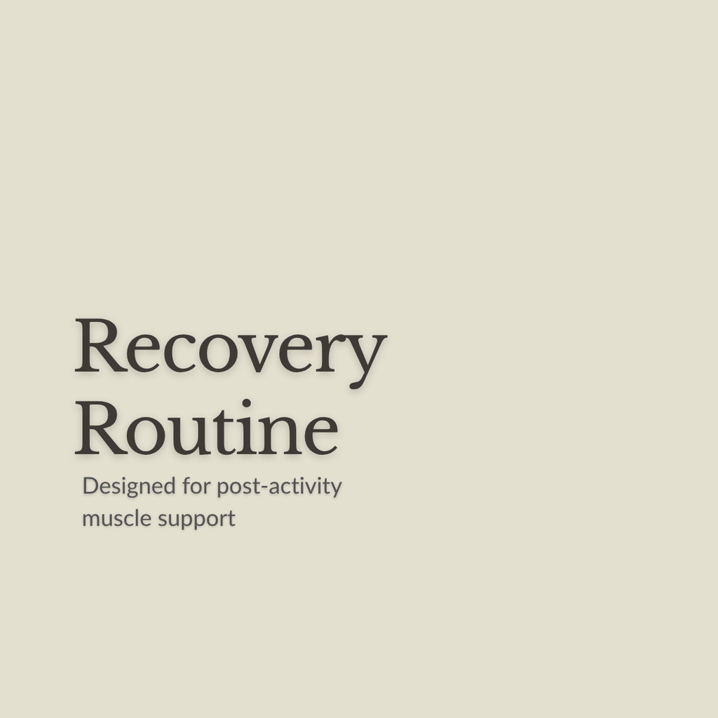 A minimalist graphic with the words 'Recovery Routine' and smaller text 'Designed for post-activity muscle support' on a warm light beige background.