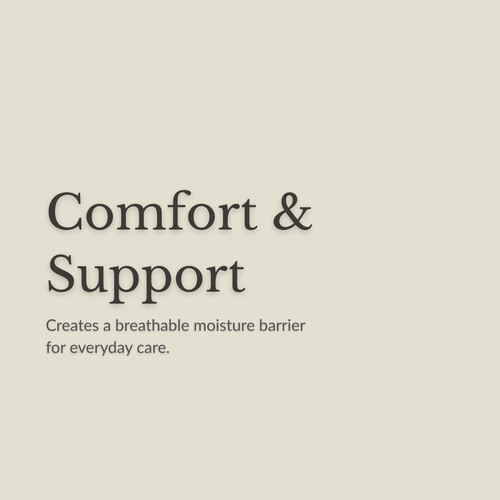 A minimalist beige graphic with the words 'Comfort & Support' in large dark gray serif text, followed by smaller text reading 'Creates a breathable moisture barrier for everyday care.'.